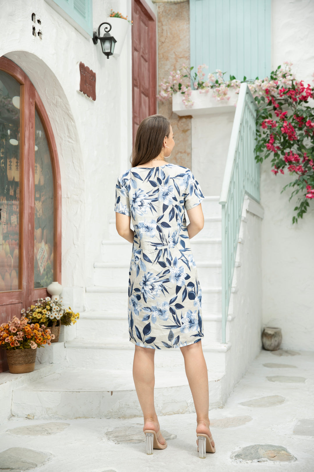 Flower Short Sleeve Linen Dress