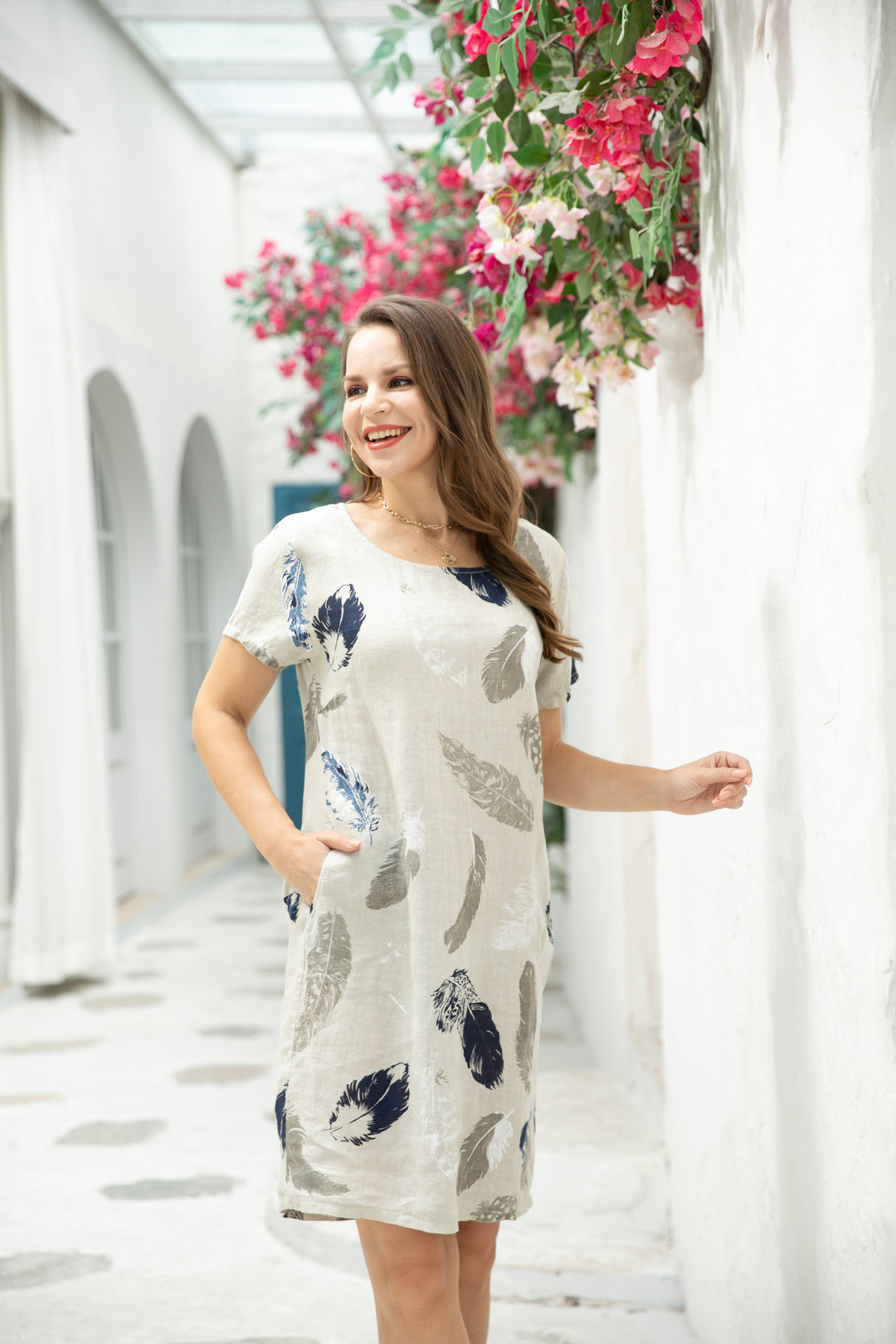 Feather Short Sleeve Linen Dress