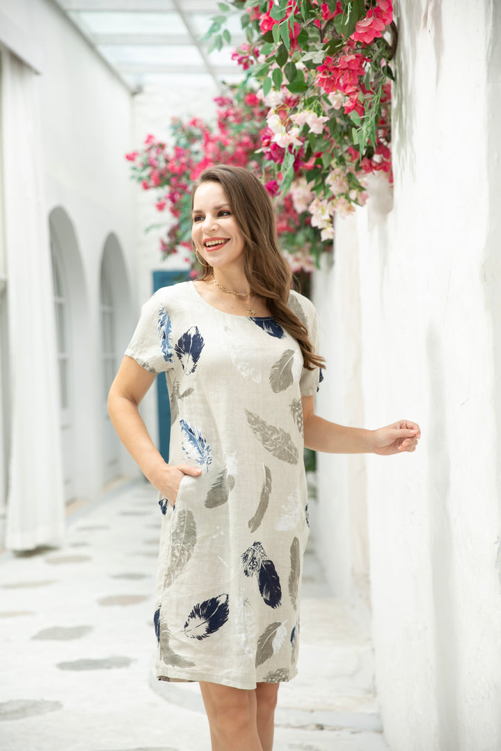 Feather Short Sleeve Linen Dress