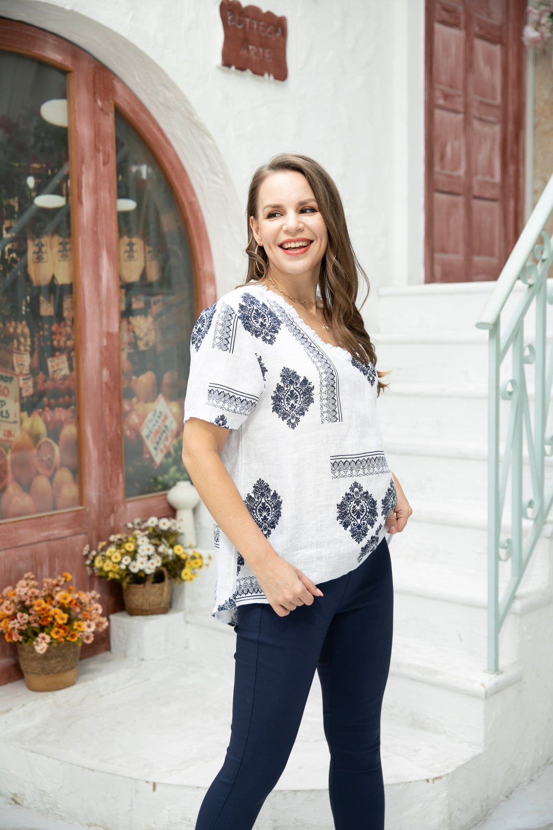 Printed Smart top with V-Neck Frills