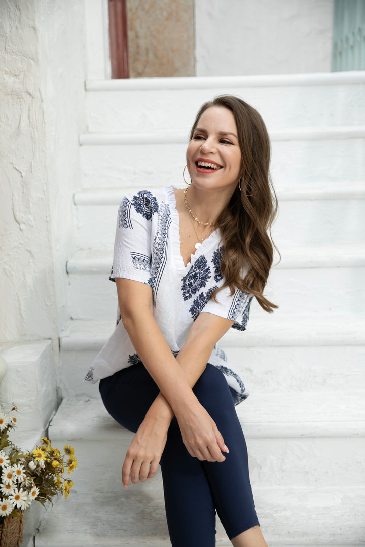 Printed Smart top with V-Neck Frills