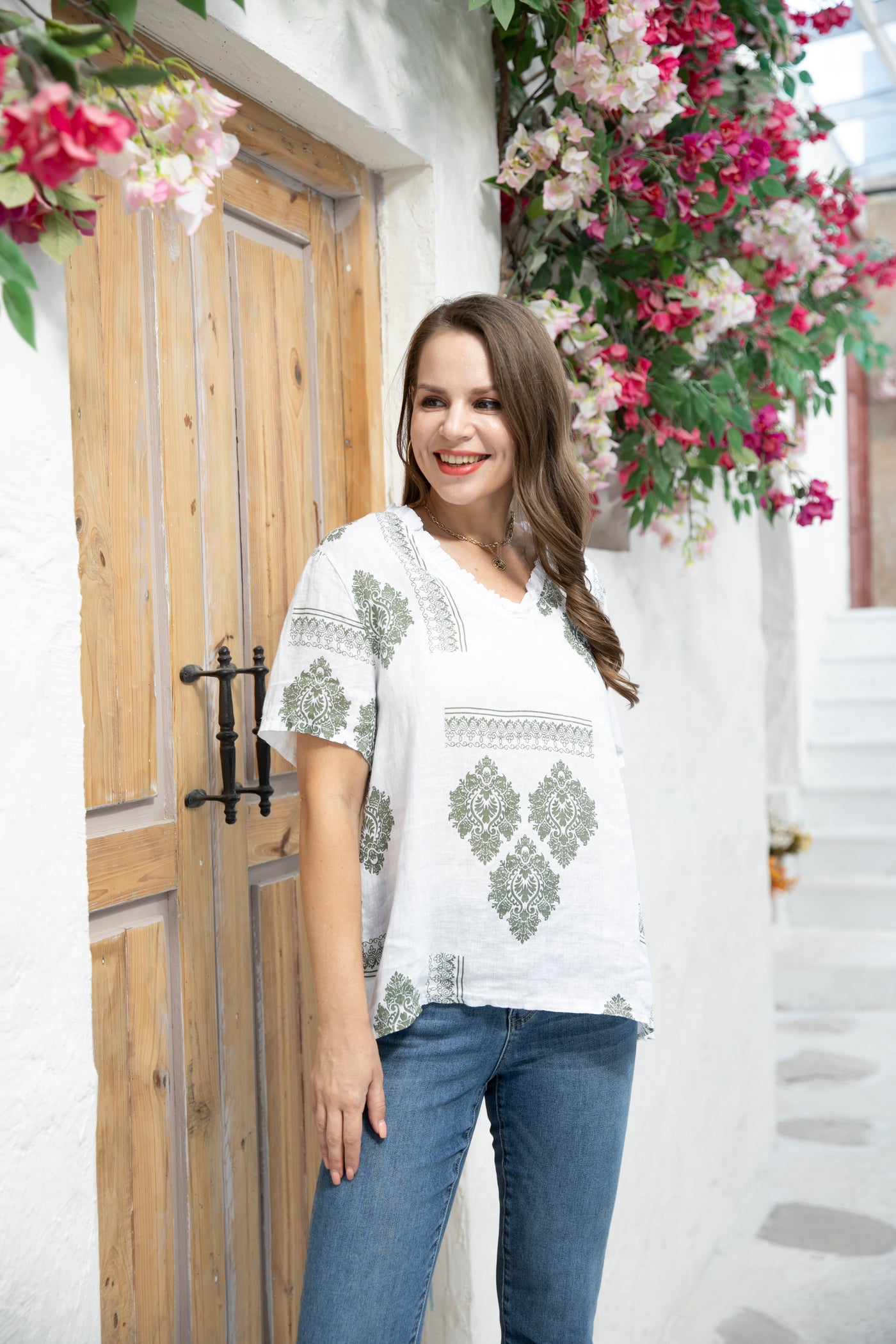 Printed Smart top with V-Neck Frills