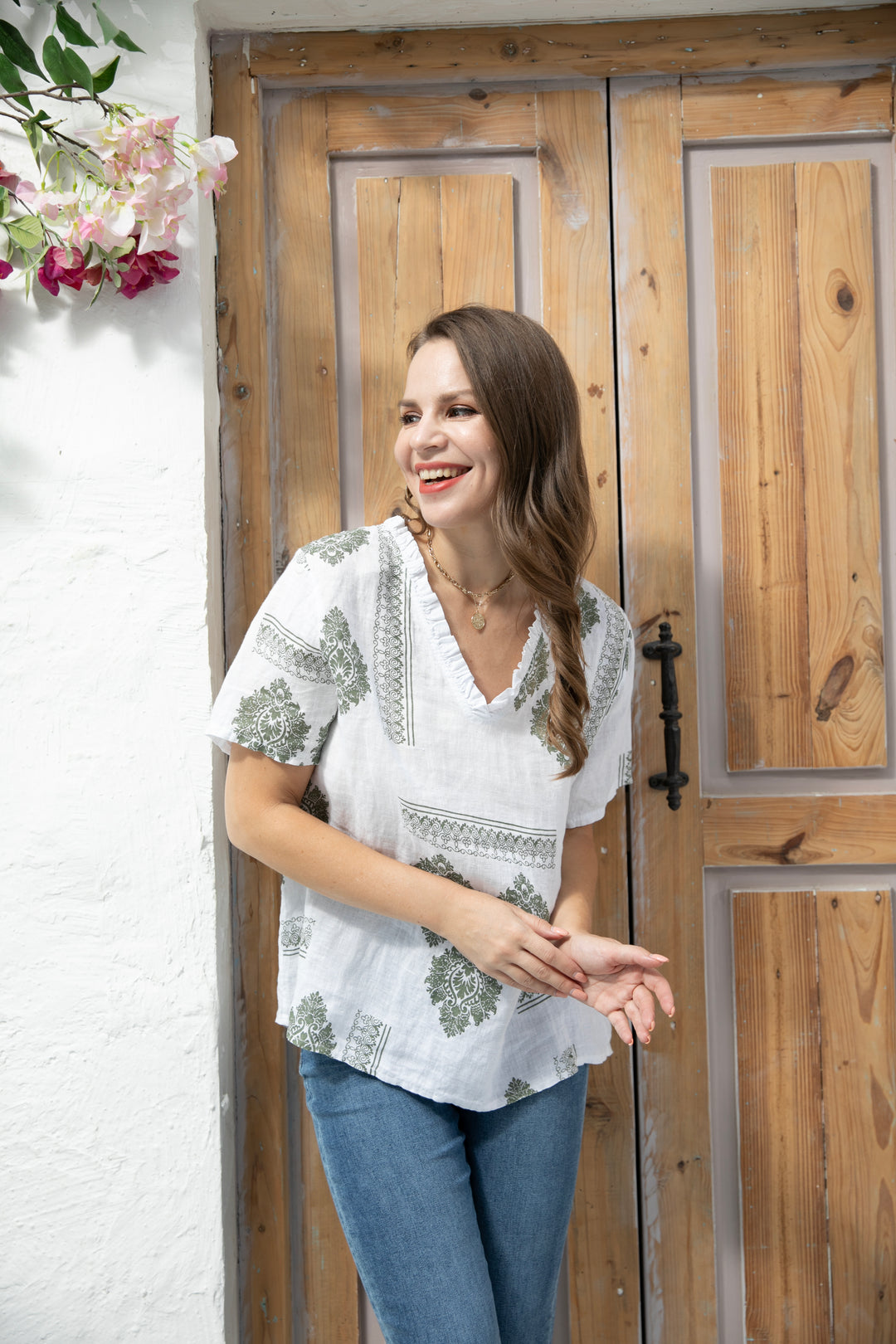 Printed Smart top with V-Neck Frills
