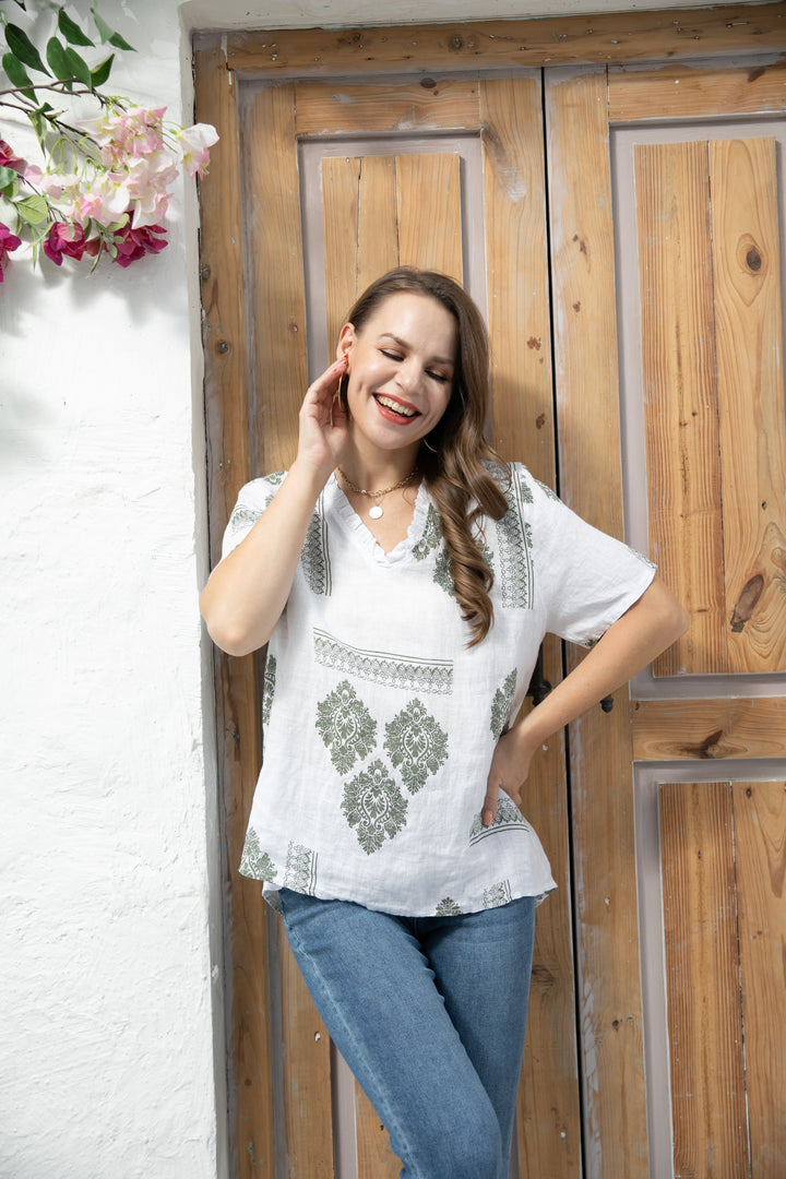 Printed Smart top with V-Neck Frills