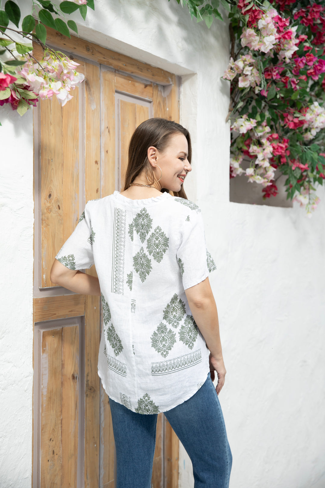 Printed Smart top with V-Neck Frills