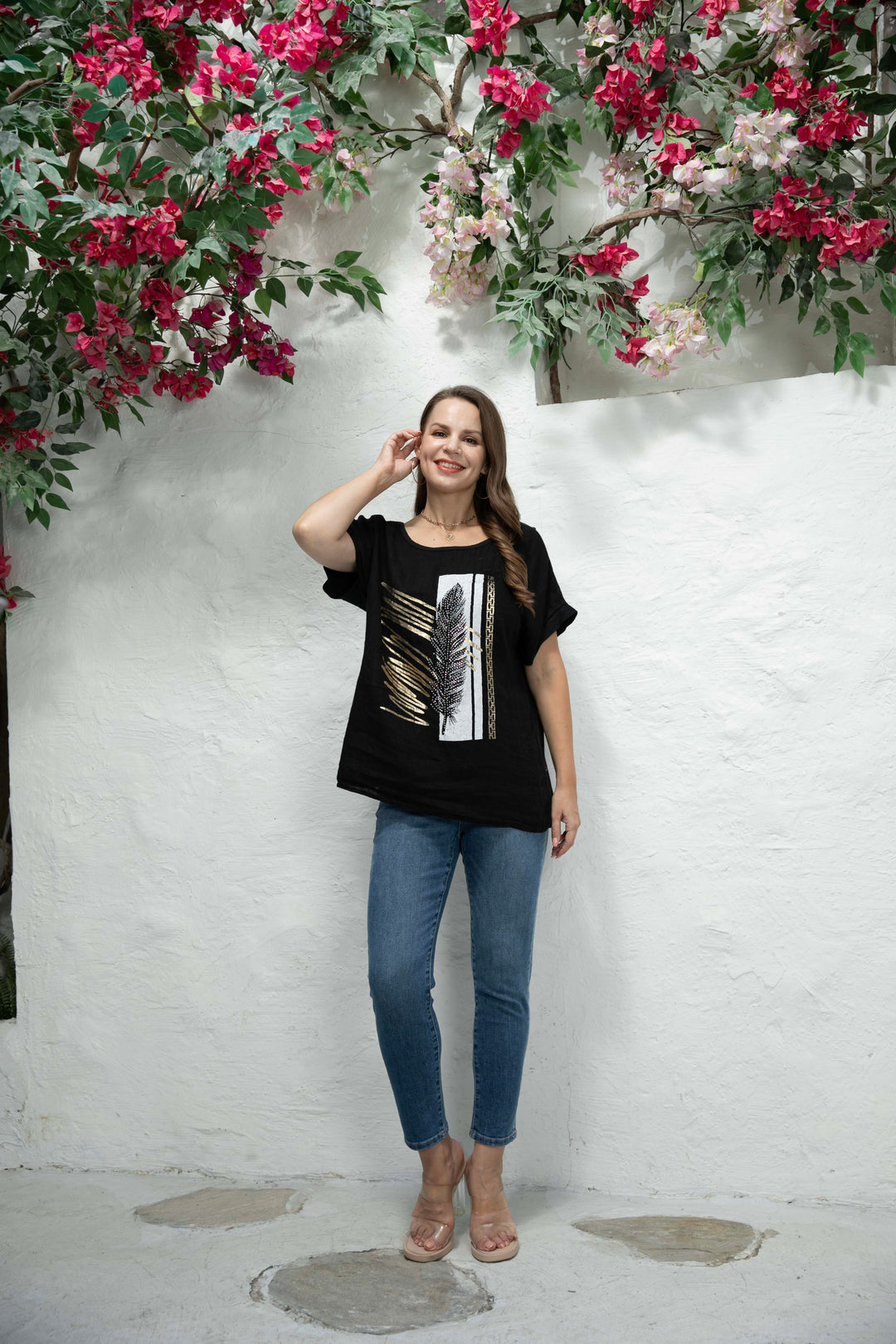 Ariana's Graphic linen Top with Leaves