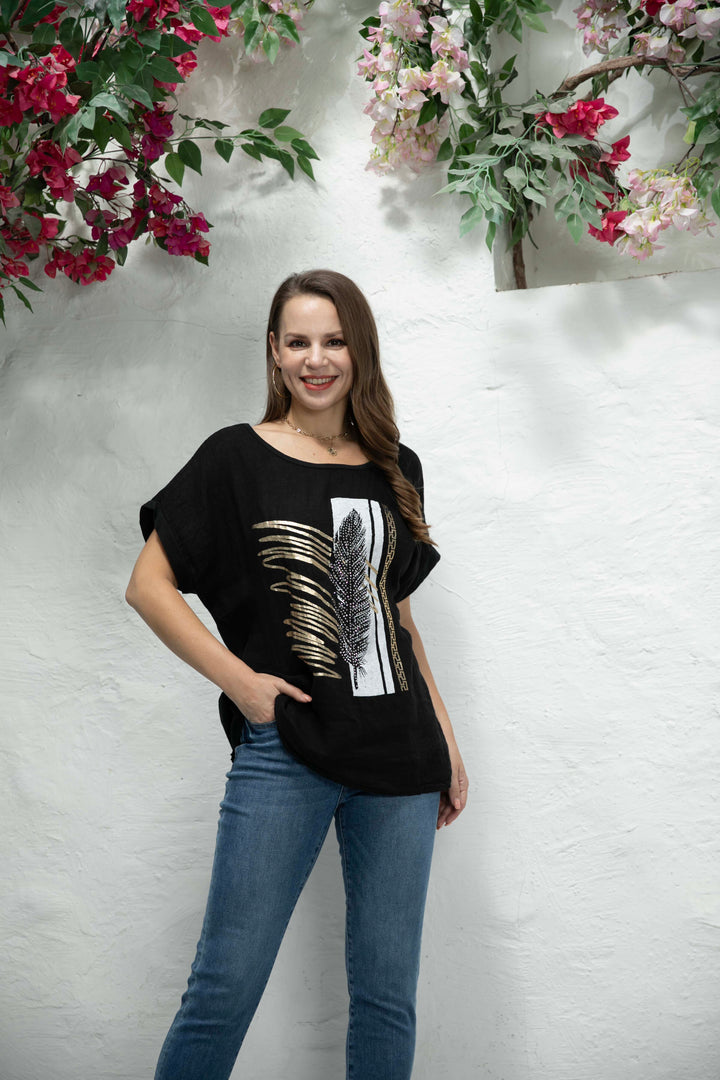 Ariana's Graphic linen Top with Leaves