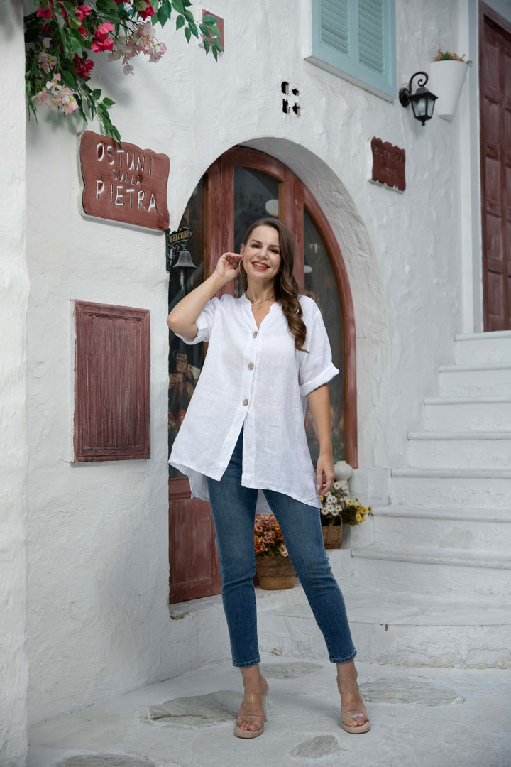 3 Button Short Sleeve Linen Top
