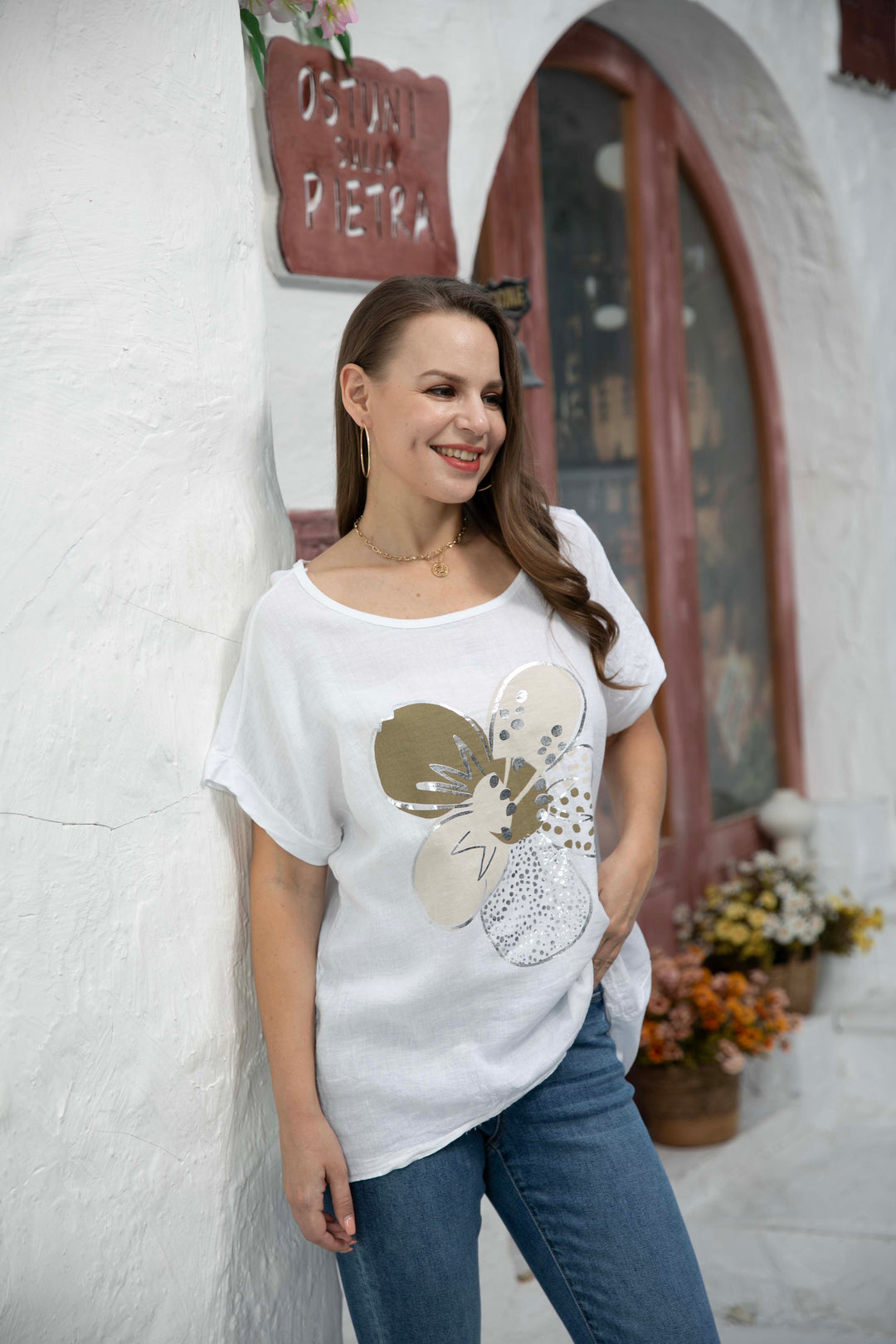 Mirabella's Round neck Linen Flower Top