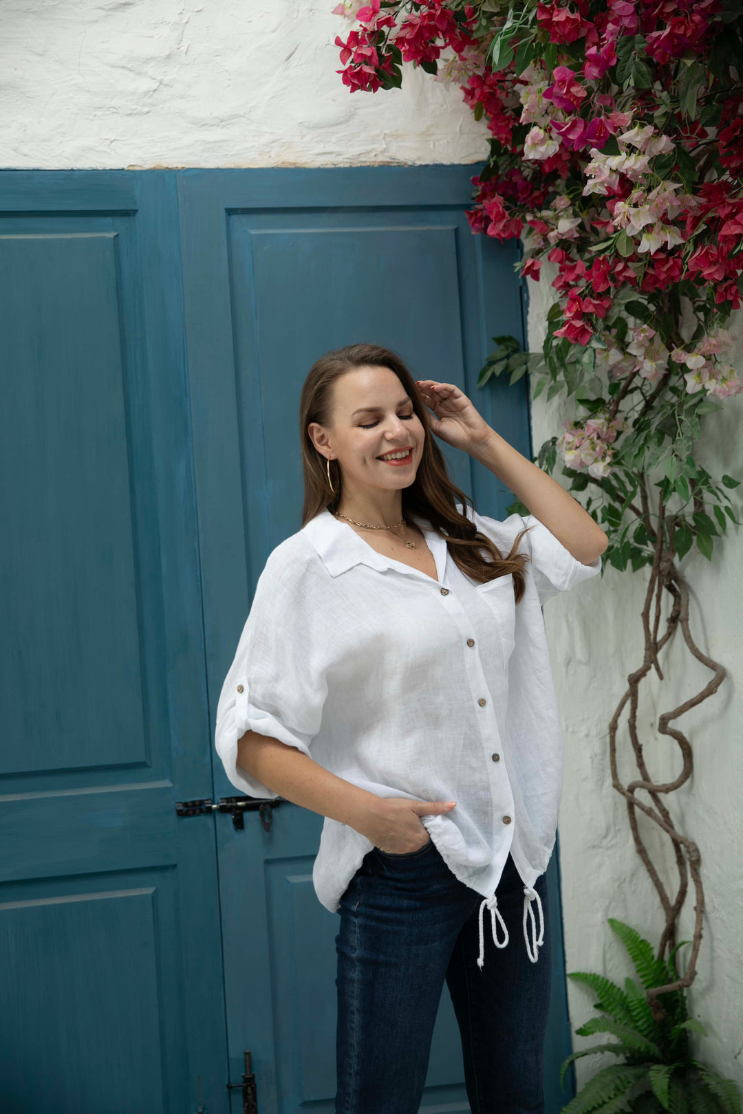 Laurenza's Short sleeve Linen Top with tie-overs
