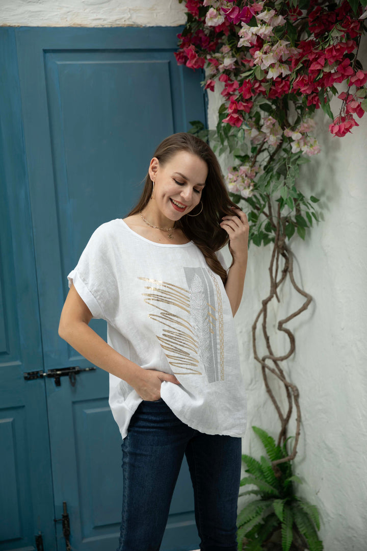 Ariana's Graphic linen Top with Leaves
