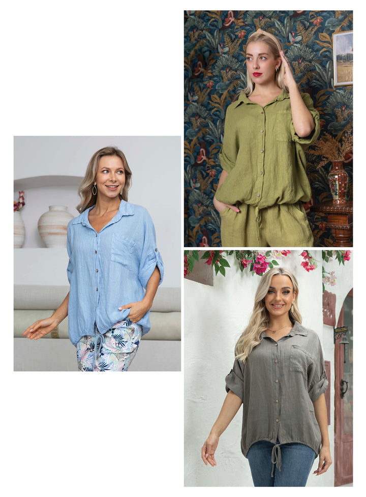 Laurenza's Short sleeve Linen Top with tie-overs