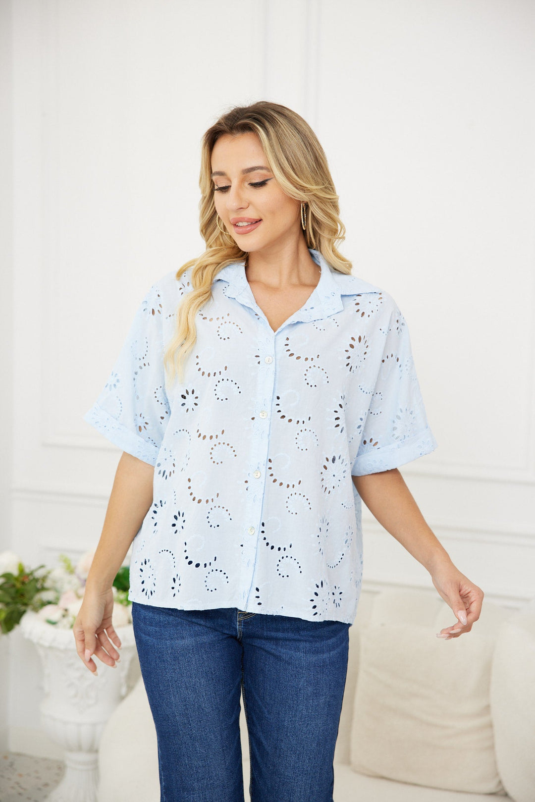 Eva’s Eyelet Charm Button-Down Top