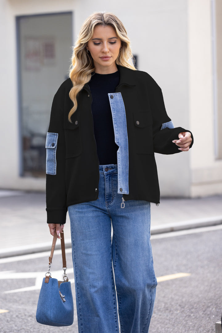 Denim-Trim Zip Jacket