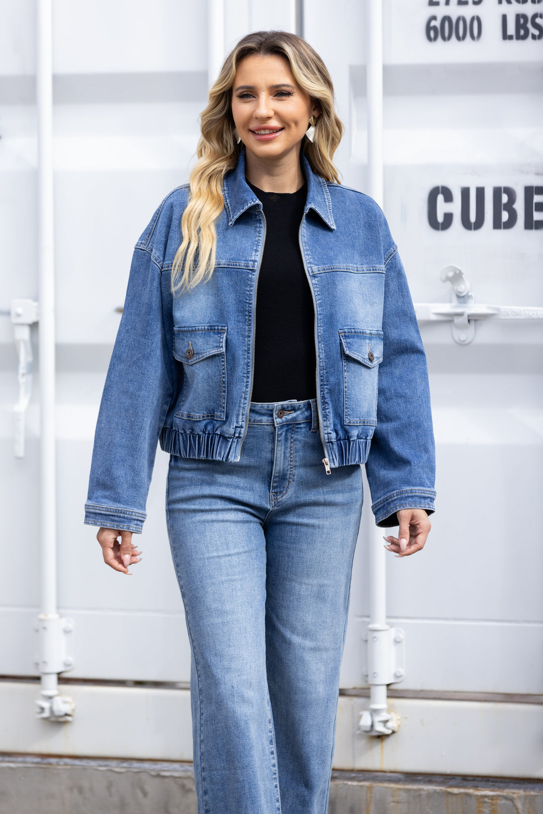 Elastic-Hem Denim Bomber