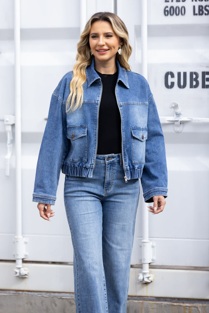 Elastic-Hem Denim Bomber