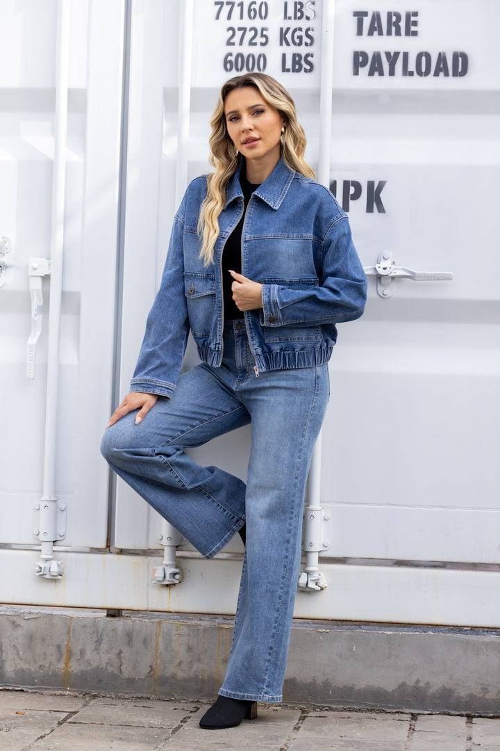 Elastic-Hem Denim Bomber