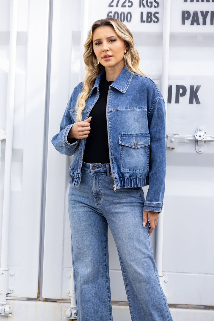 Elastic-Hem Denim Bomber