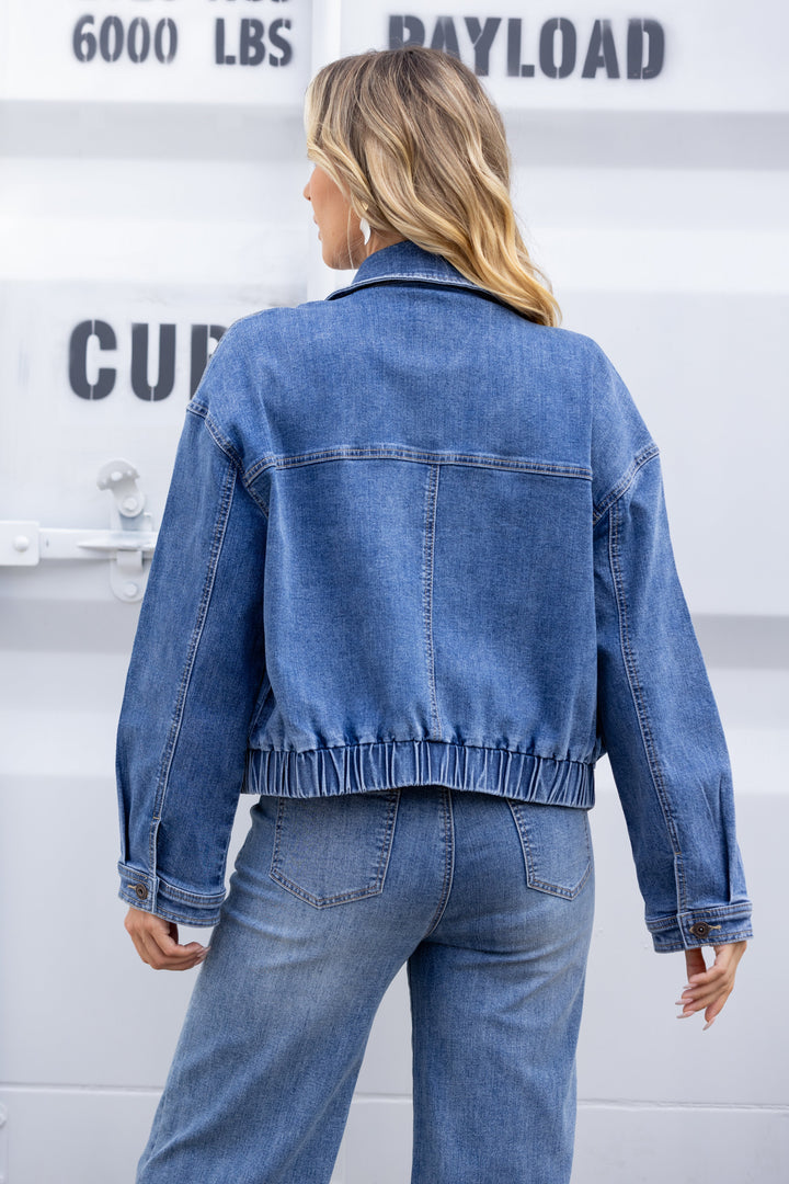 Elastic-Hem Denim Bomber