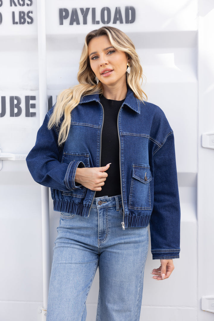 Elastic-Hem Denim Bomber