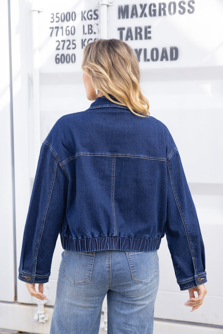 Elastic-Hem Denim Bomber