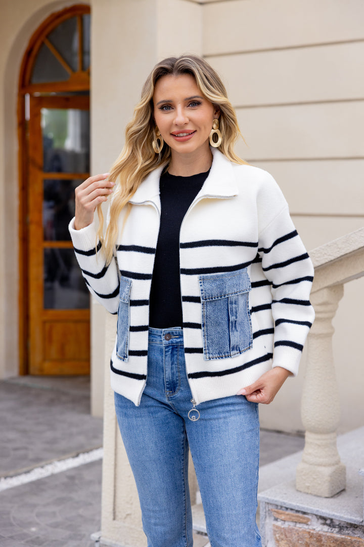 Striped Denim-Patch Knit