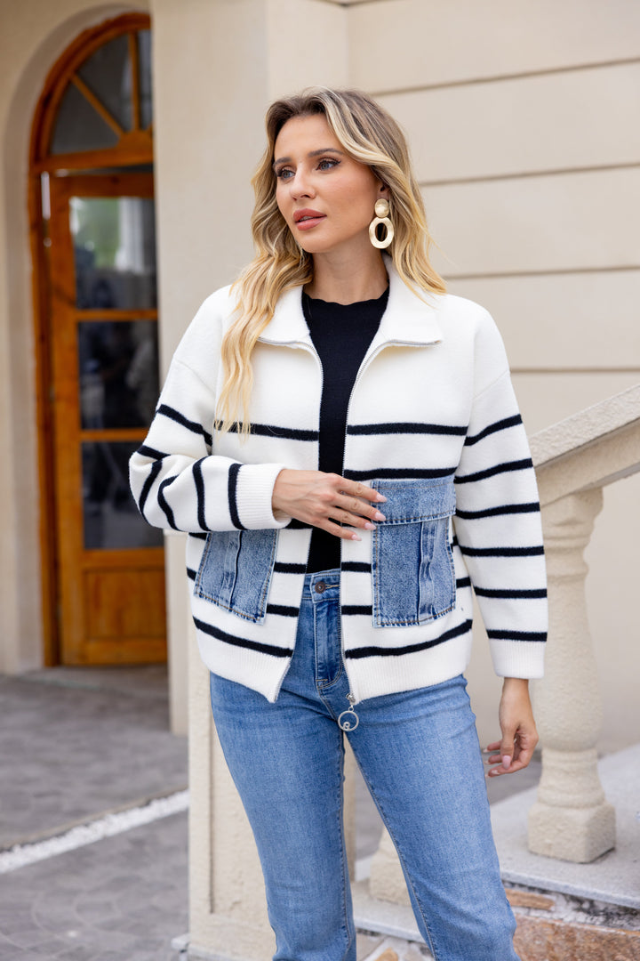 Striped Denim-Patch Knit