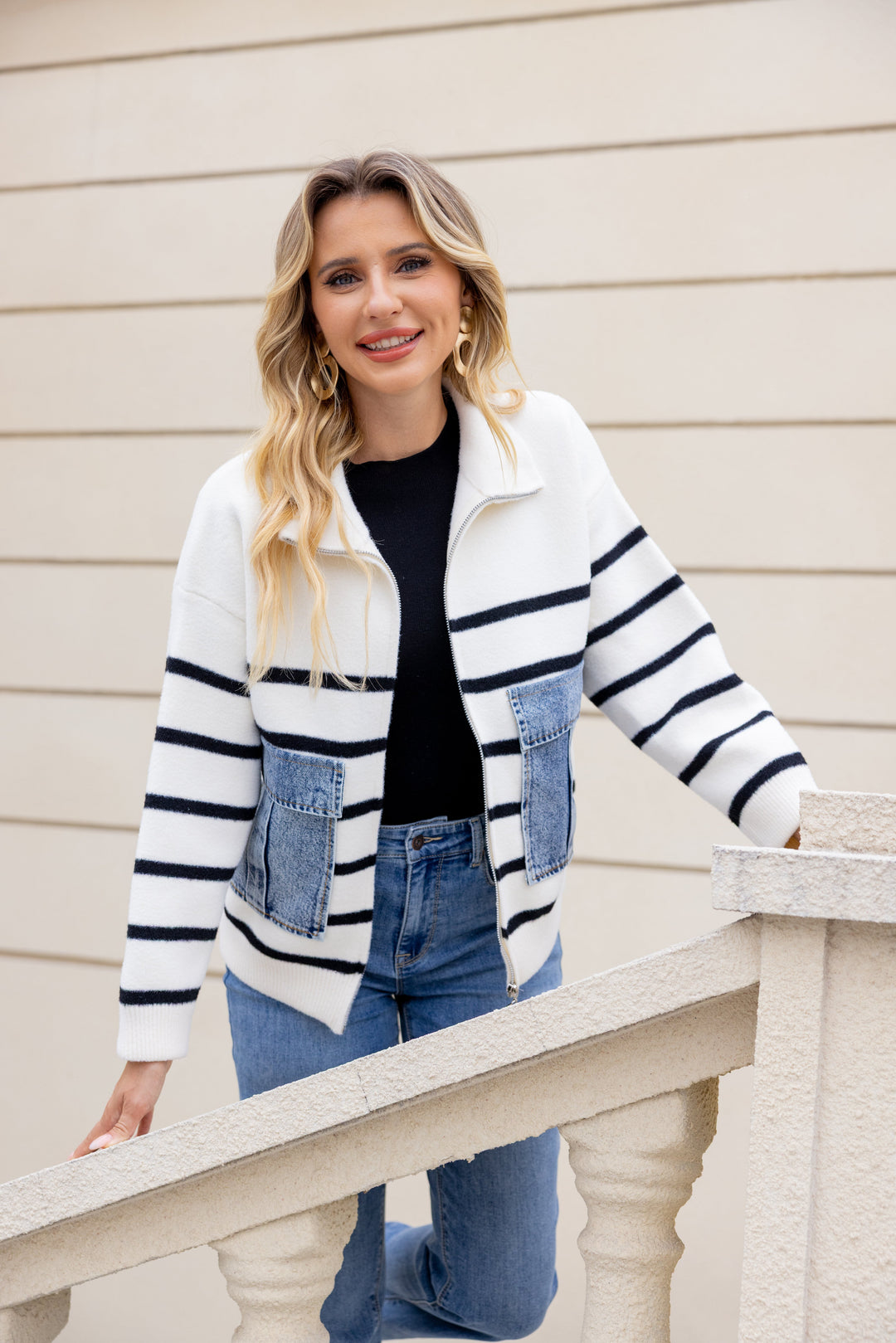 Striped Denim-Patch Knit