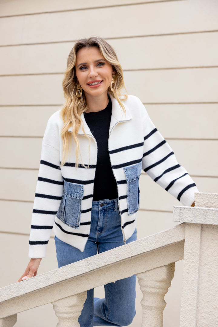 Striped Denim-Patch Knit