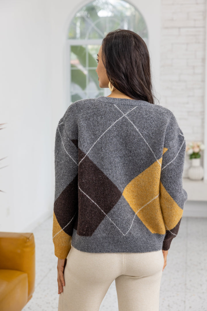 Geometric Argyle V-Neck Pullover