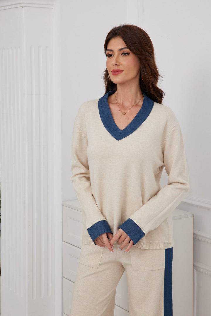 V-neck denim knit sweater