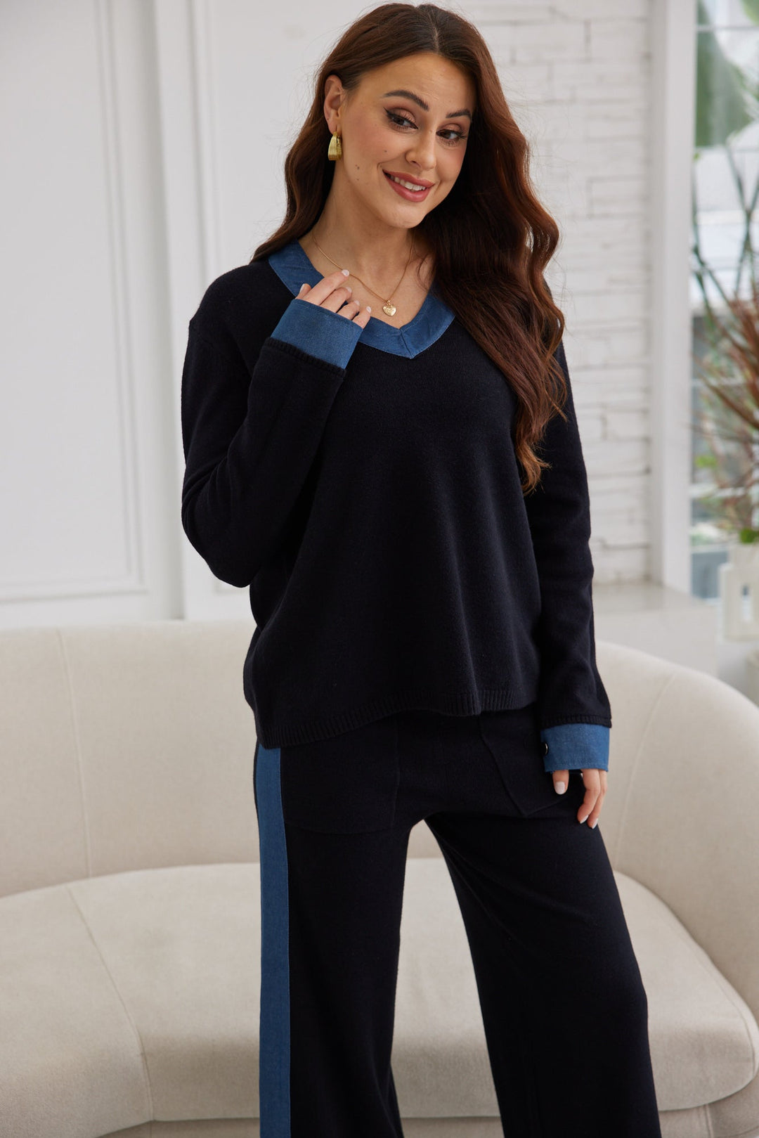 V-neck denim knit sweater
