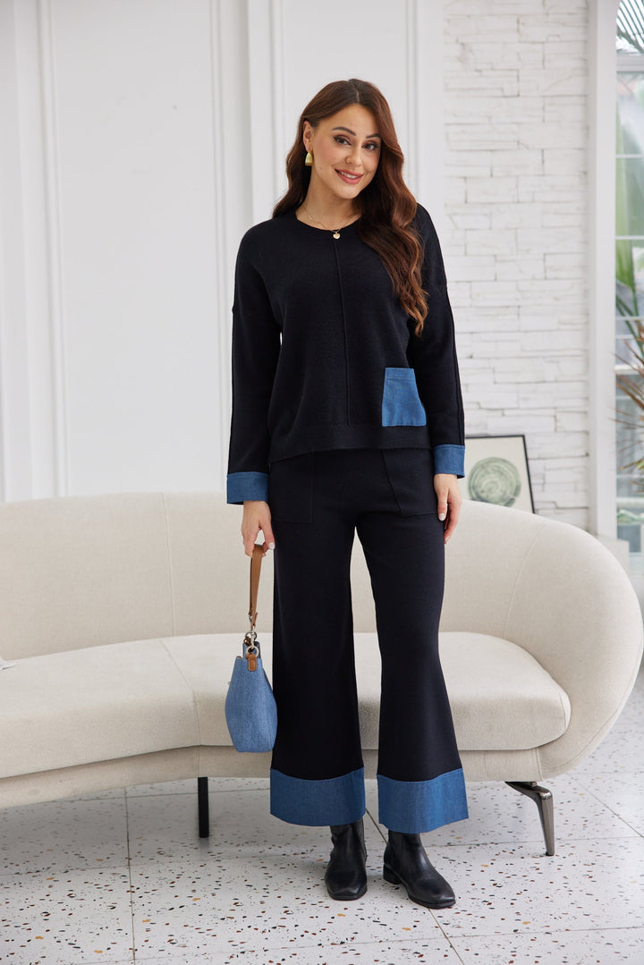 Denim Contrast Cuff Pocket Sweater