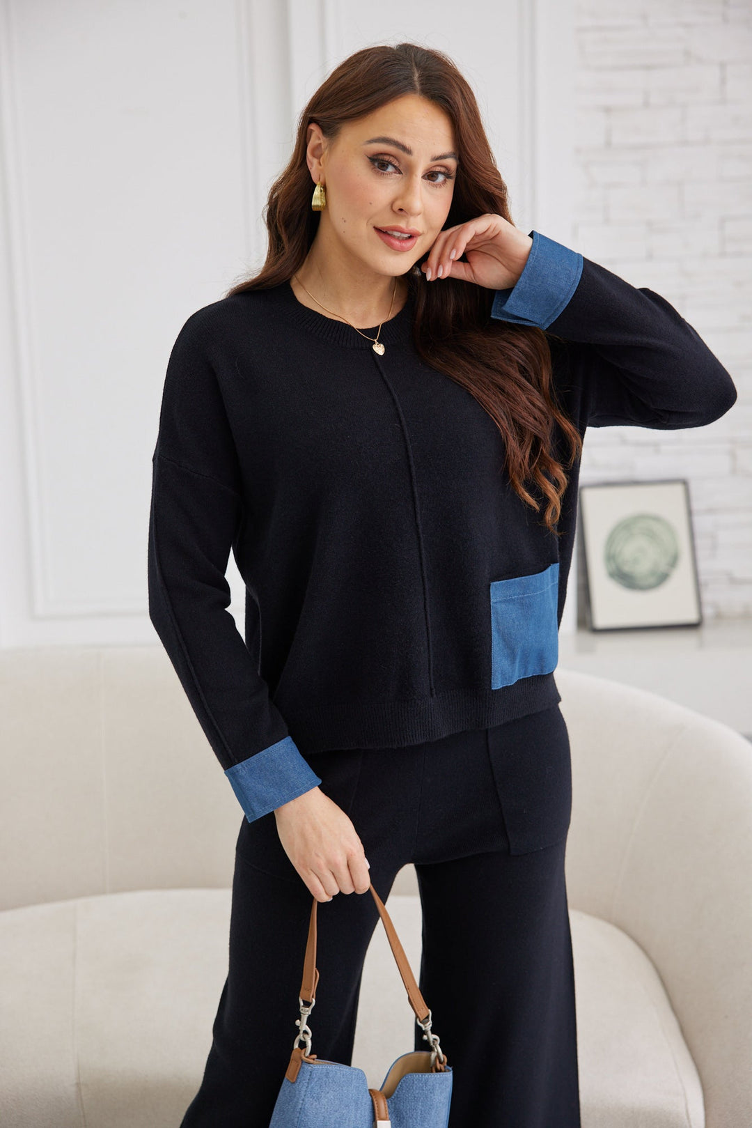 Denim Contrast Cuff Pocket Sweater