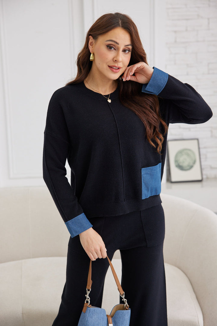 Denim Contrast Cuff Pocket Sweater