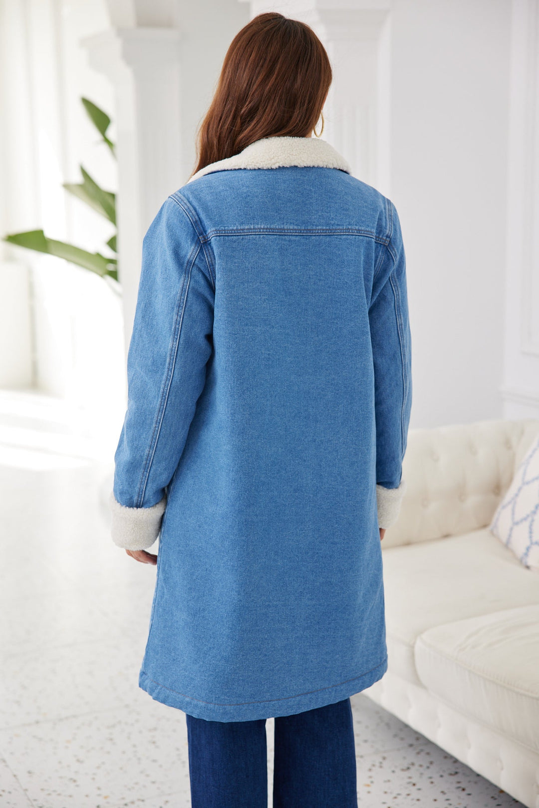 Veste longue en jean à pompons