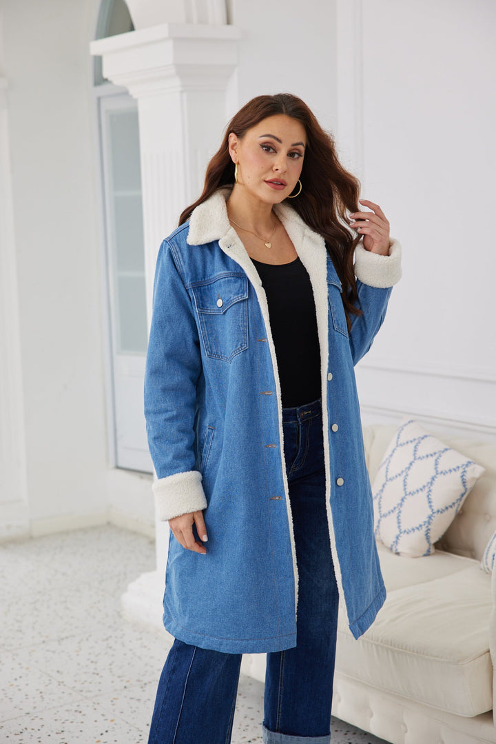 Veste longue en jean à pompons