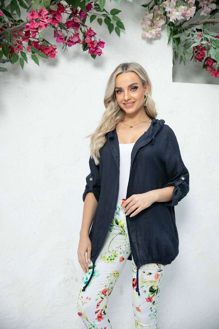 Open front Linen Cardigan with Hood
