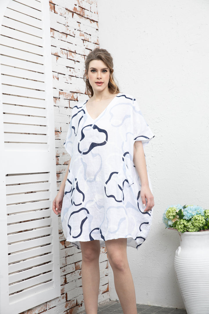 Linen abstract v neck dress