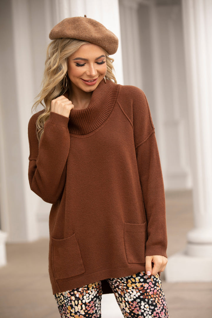 Knit Top with Cowl Neck and Front Pockets