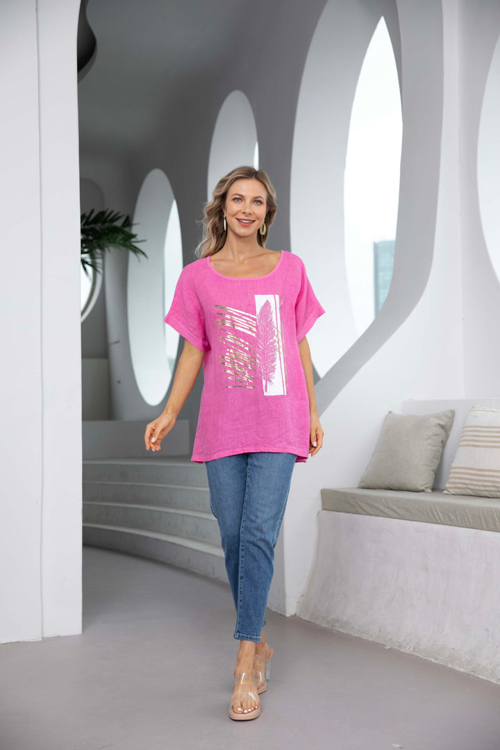 Ariana's Graphic linen Top with Leaves