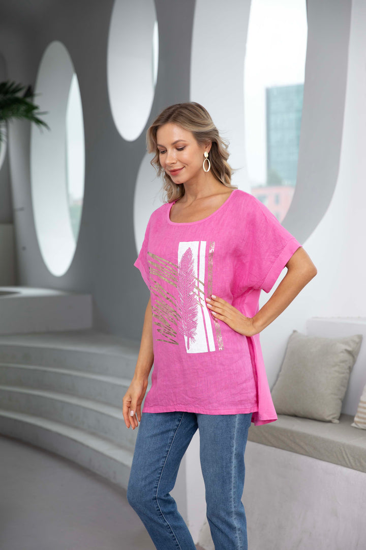 Ariana's Graphic linen Top with Leaves