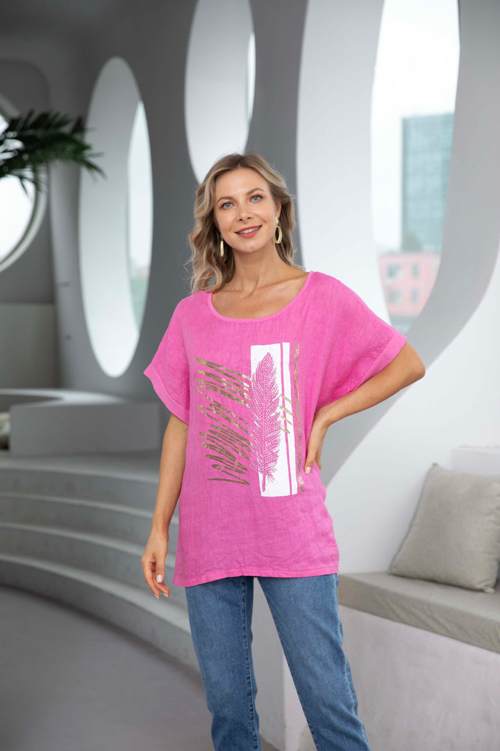 Ariana's Graphic linen Top with Leaves