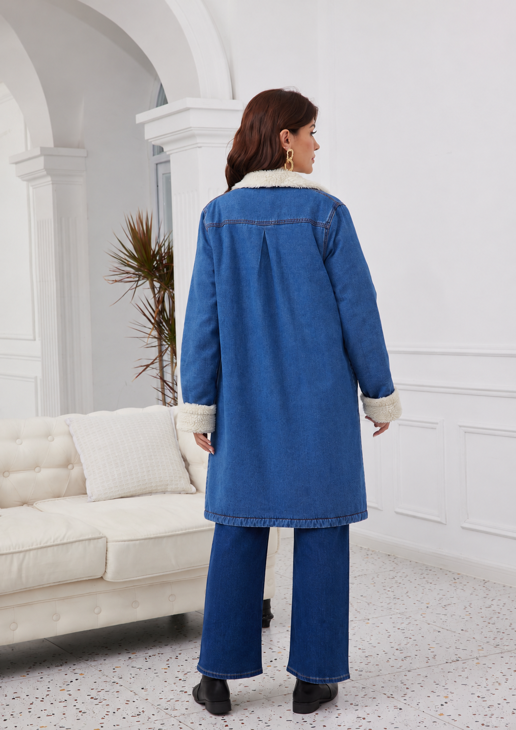 Veste longue en jean à pompons
