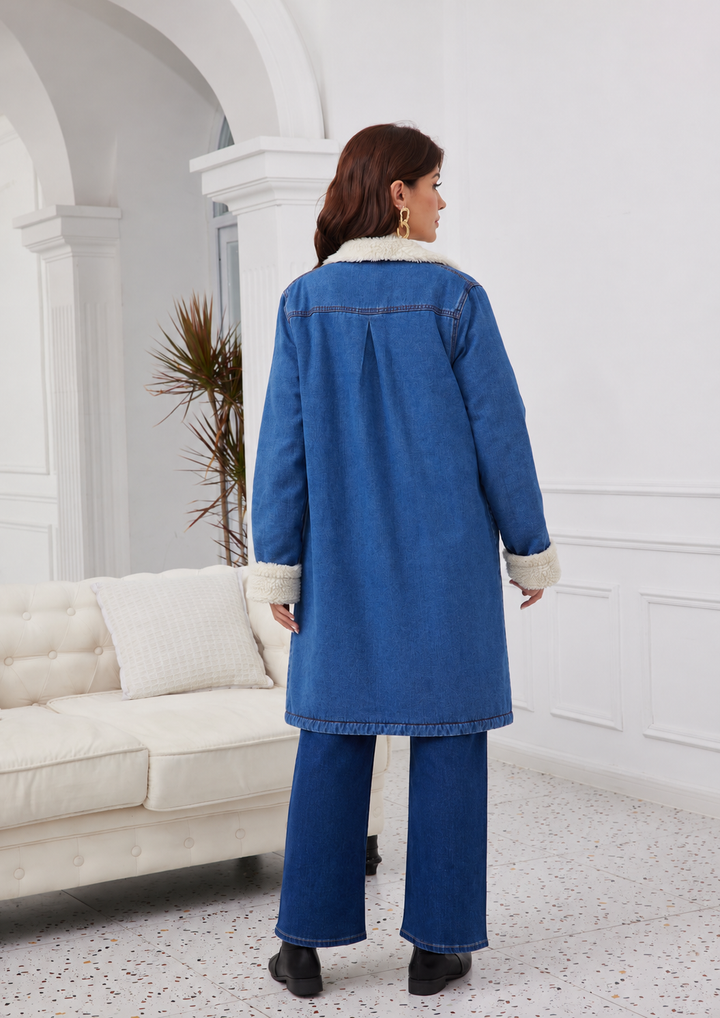 Veste longue en jean à pompons