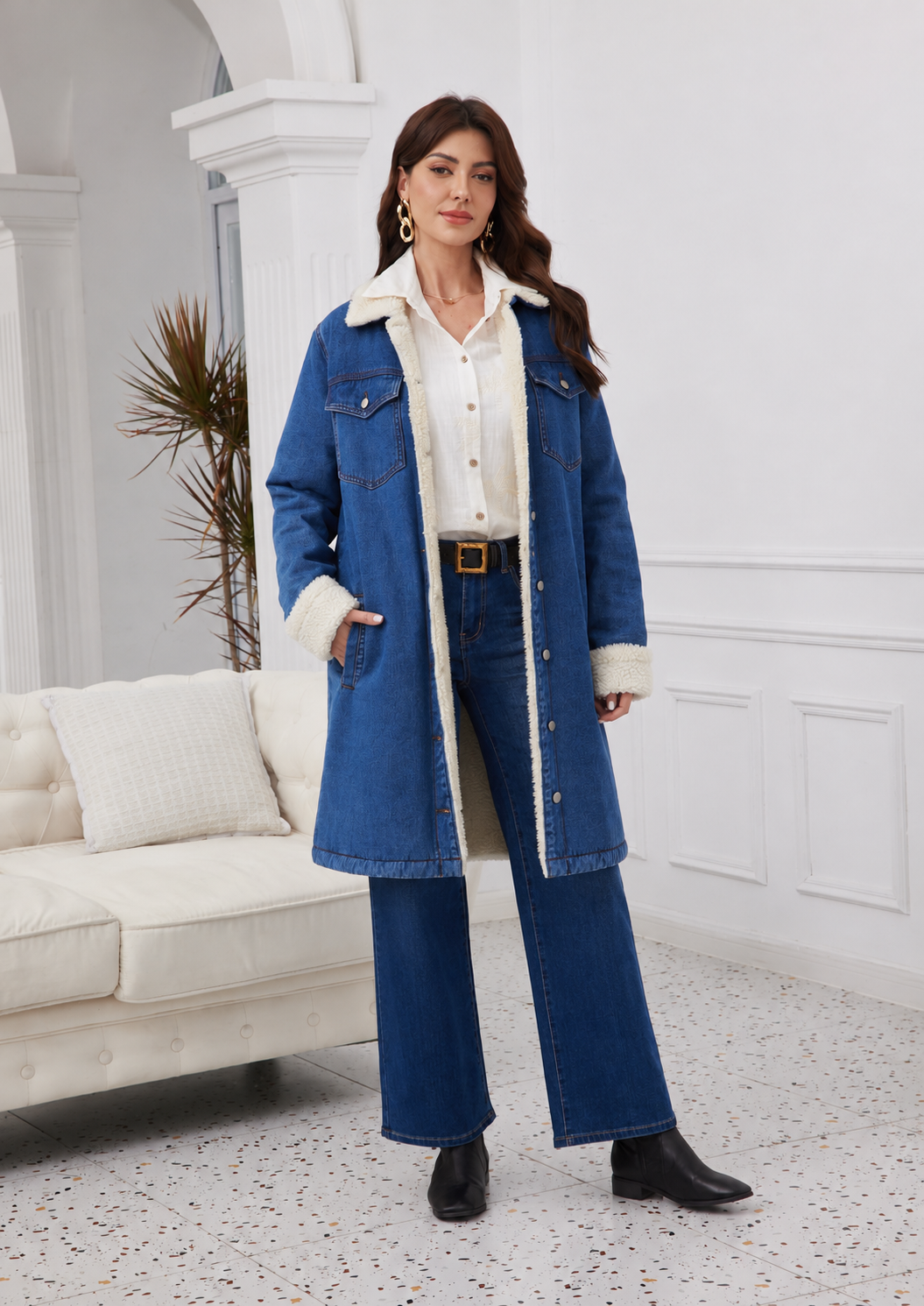 Veste longue en jean à pompons