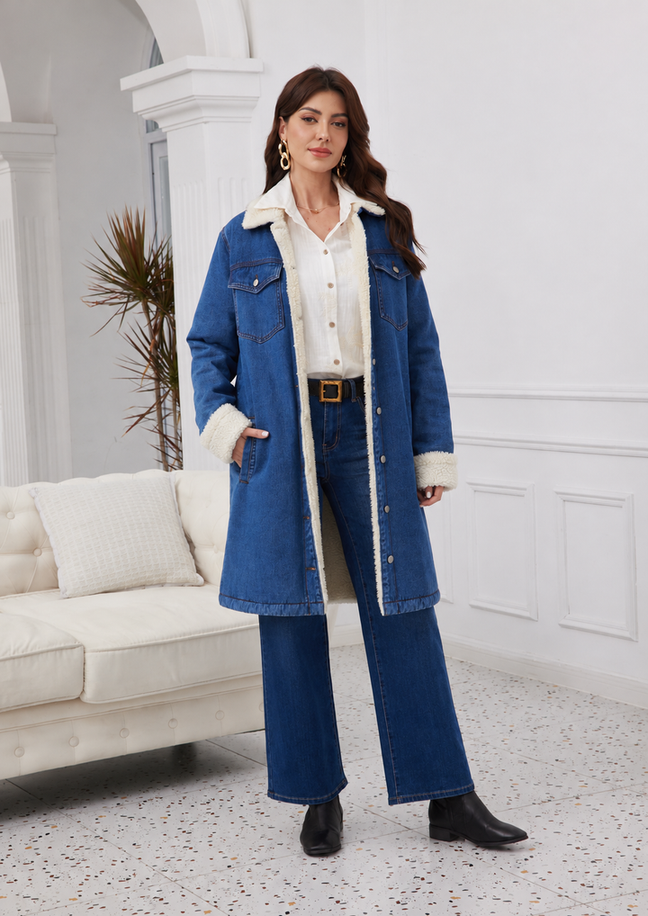 Veste longue en jean à pompons