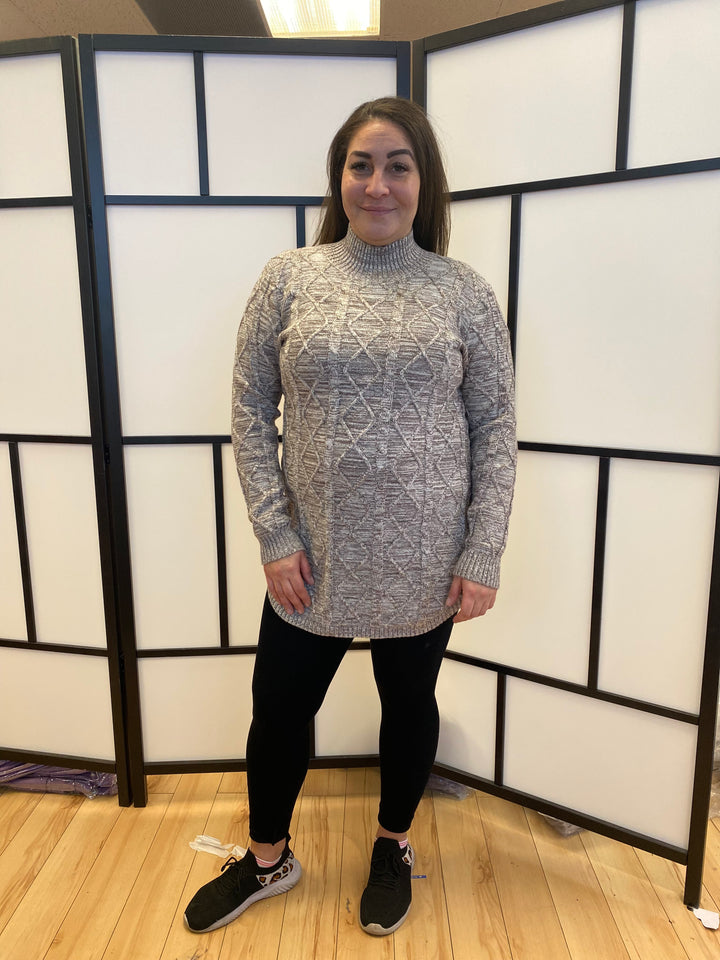 Mock Neck Long Sleeve Mélange Cable Knit