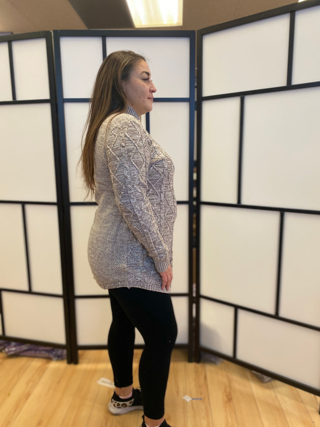 Mock Neck Long Sleeve Mélange Cable Knit