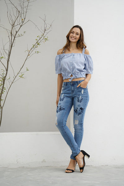 Distressed Butterfly Embroidered Jeans